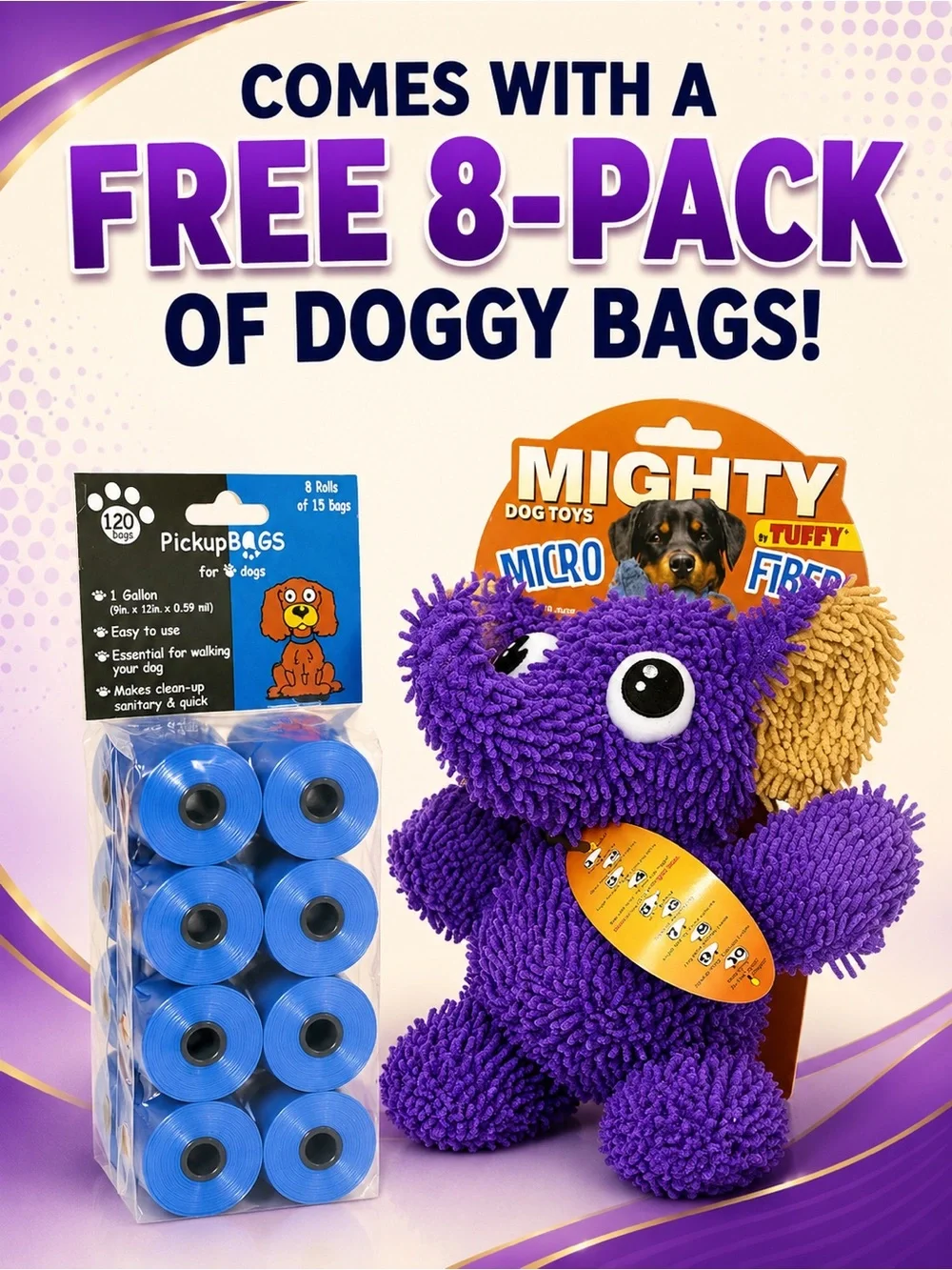 Mighty Toys Microfiber Ball Elephant Durable Squeaky Dog Toy + Dog Bags & Treats